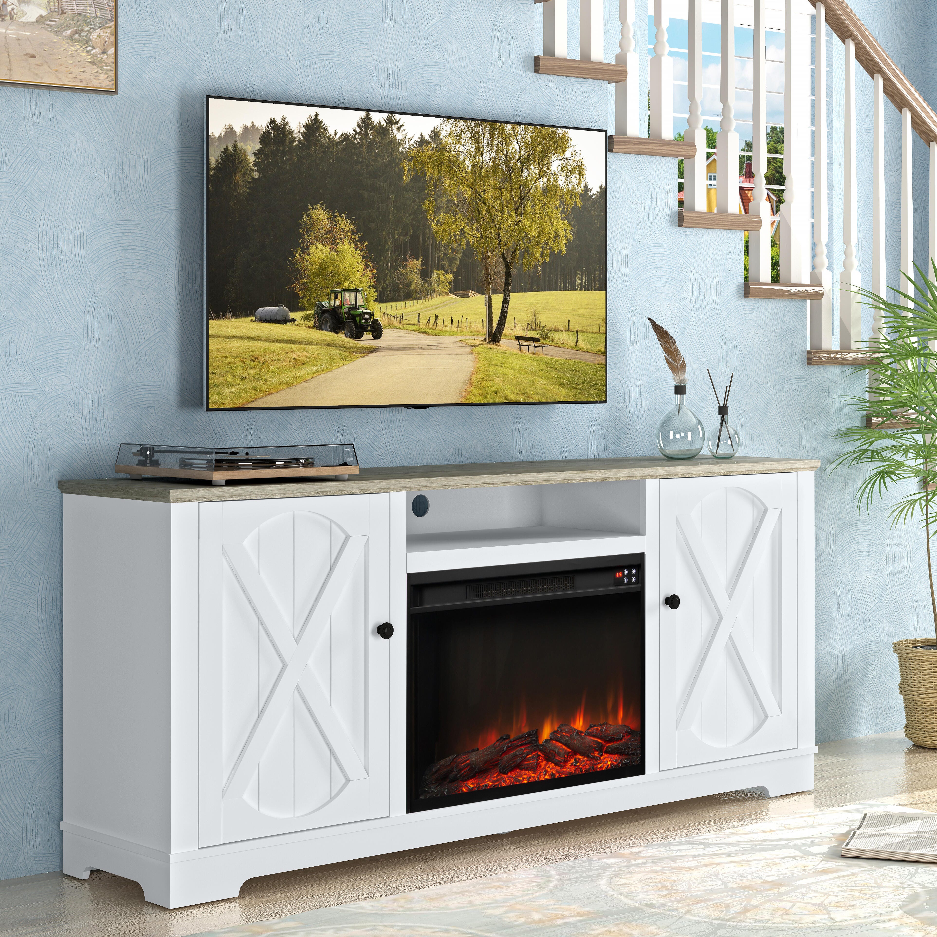 Joy River 70" TV Stand with Electric Fireplace, White/Tan, large