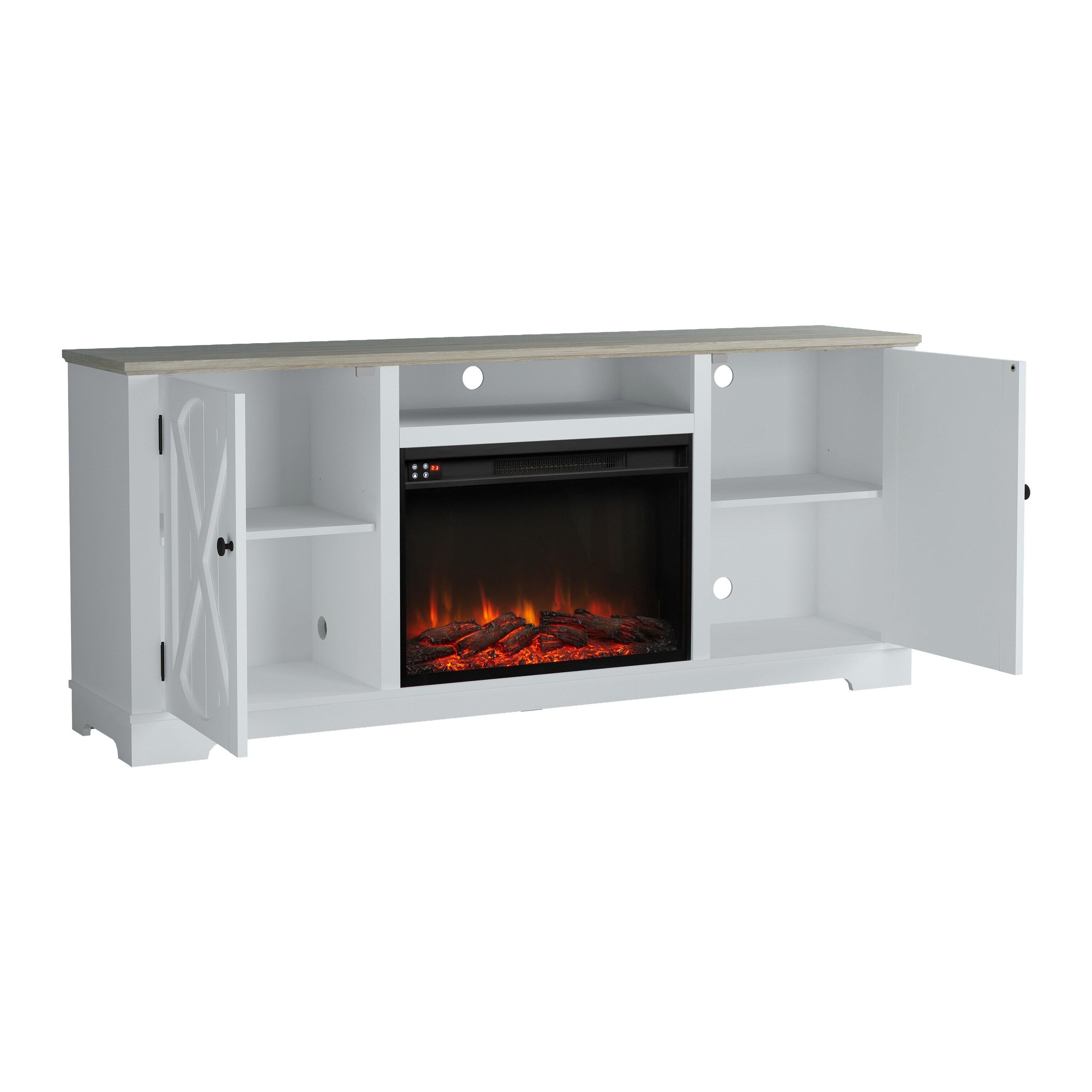 Joy River 70" TV Stand with Electric Fireplace, White/Tan, large