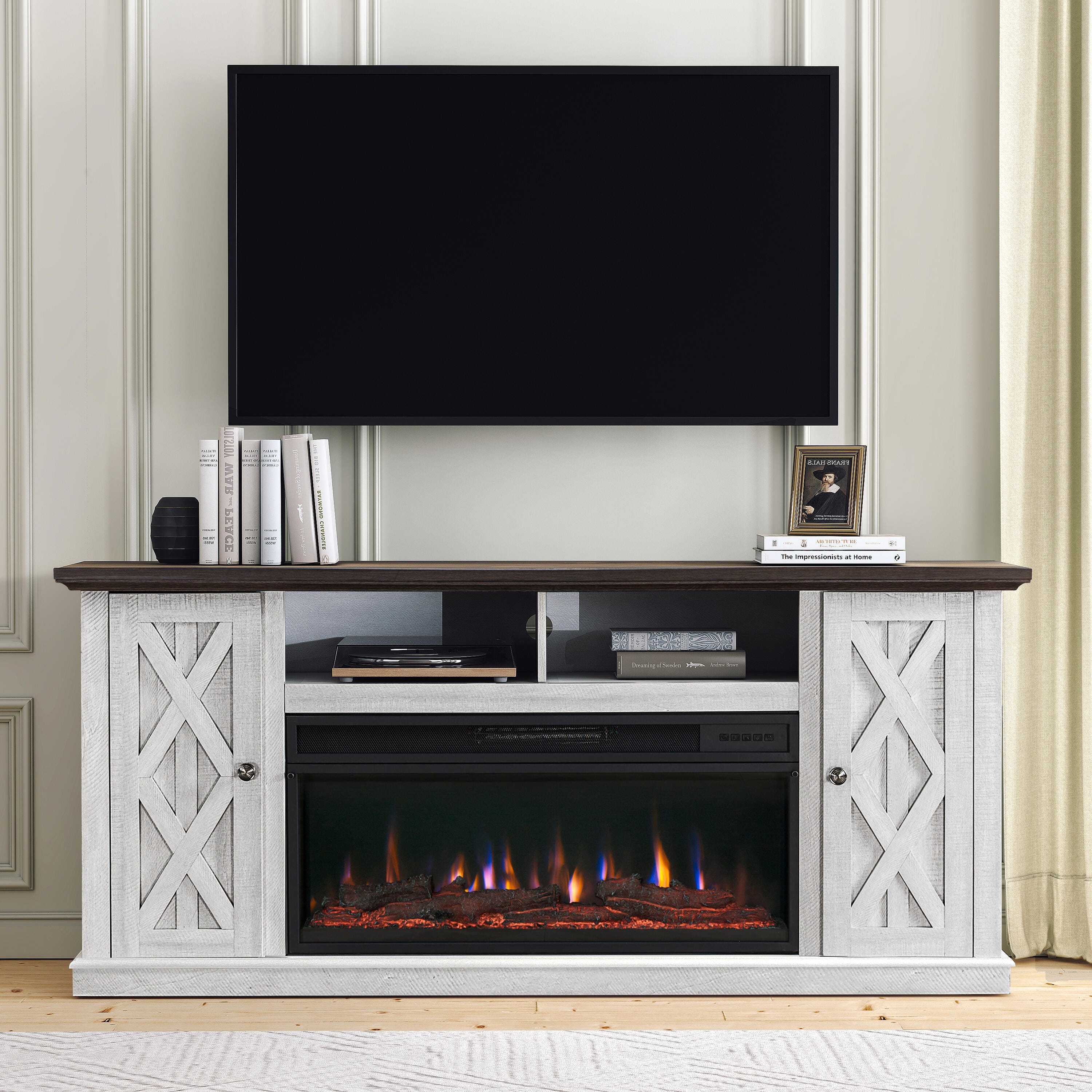 Joy River 68" TV Stand with Electric Fireplace, White/Brown, rollover