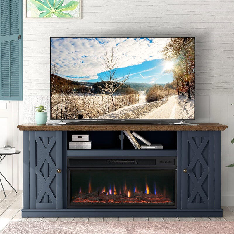 Joy River 68" TV Stand with Electric Fireplace, Navy/Tan, rollover