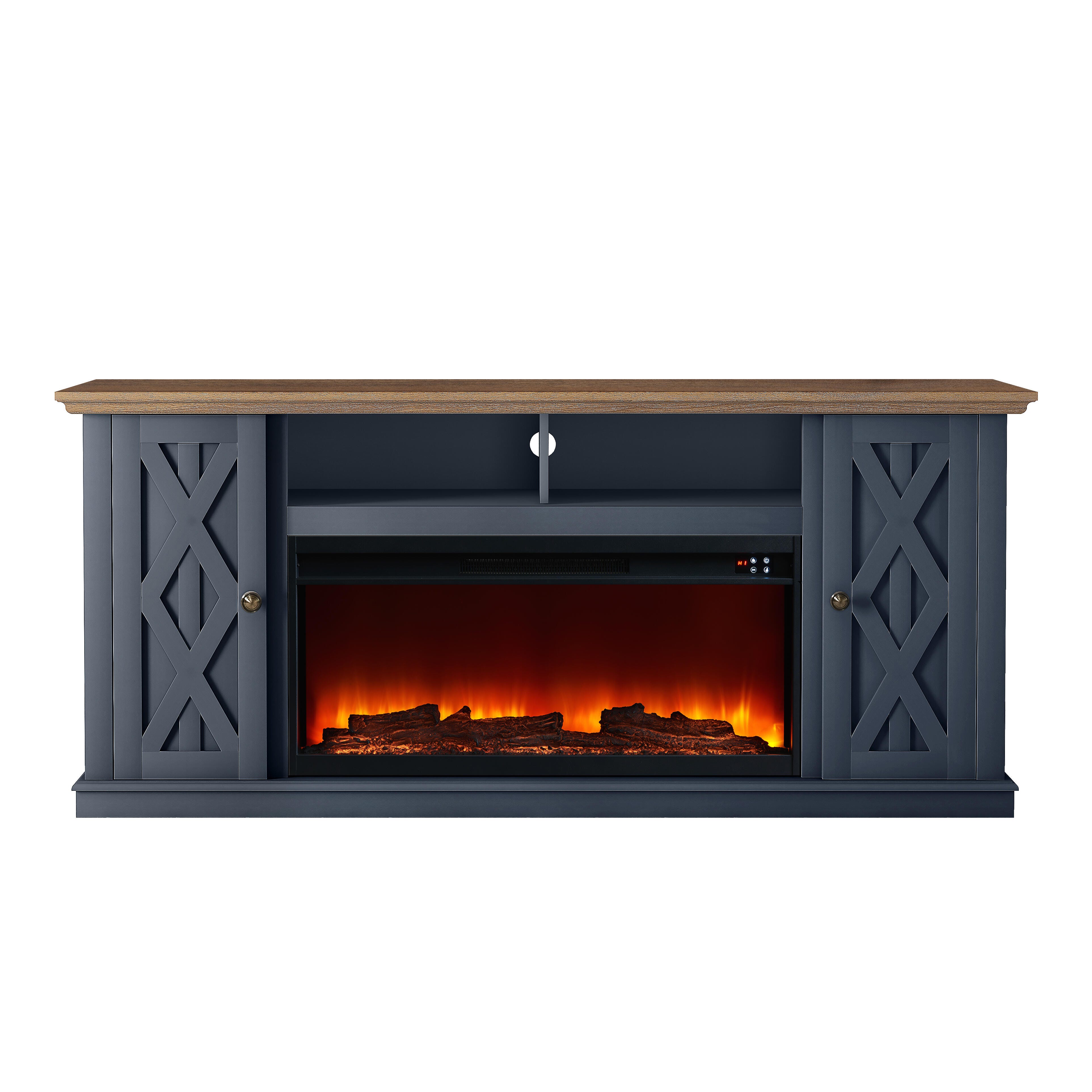 Joy River 68" TV Stand with Electric Fireplace, Navy/Tan, large