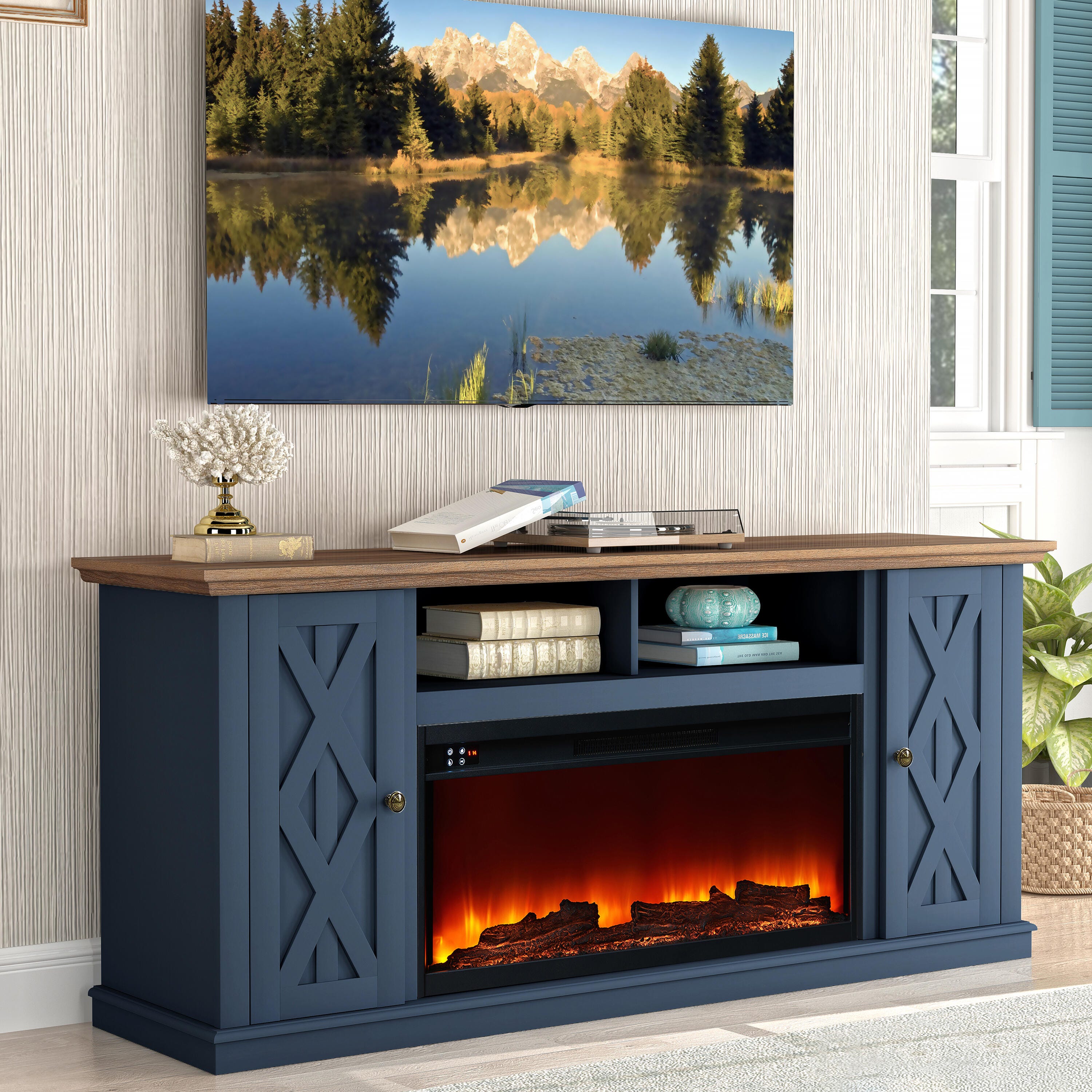 Joy River 68" TV Stand with Electric Fireplace, Navy/Tan, large
