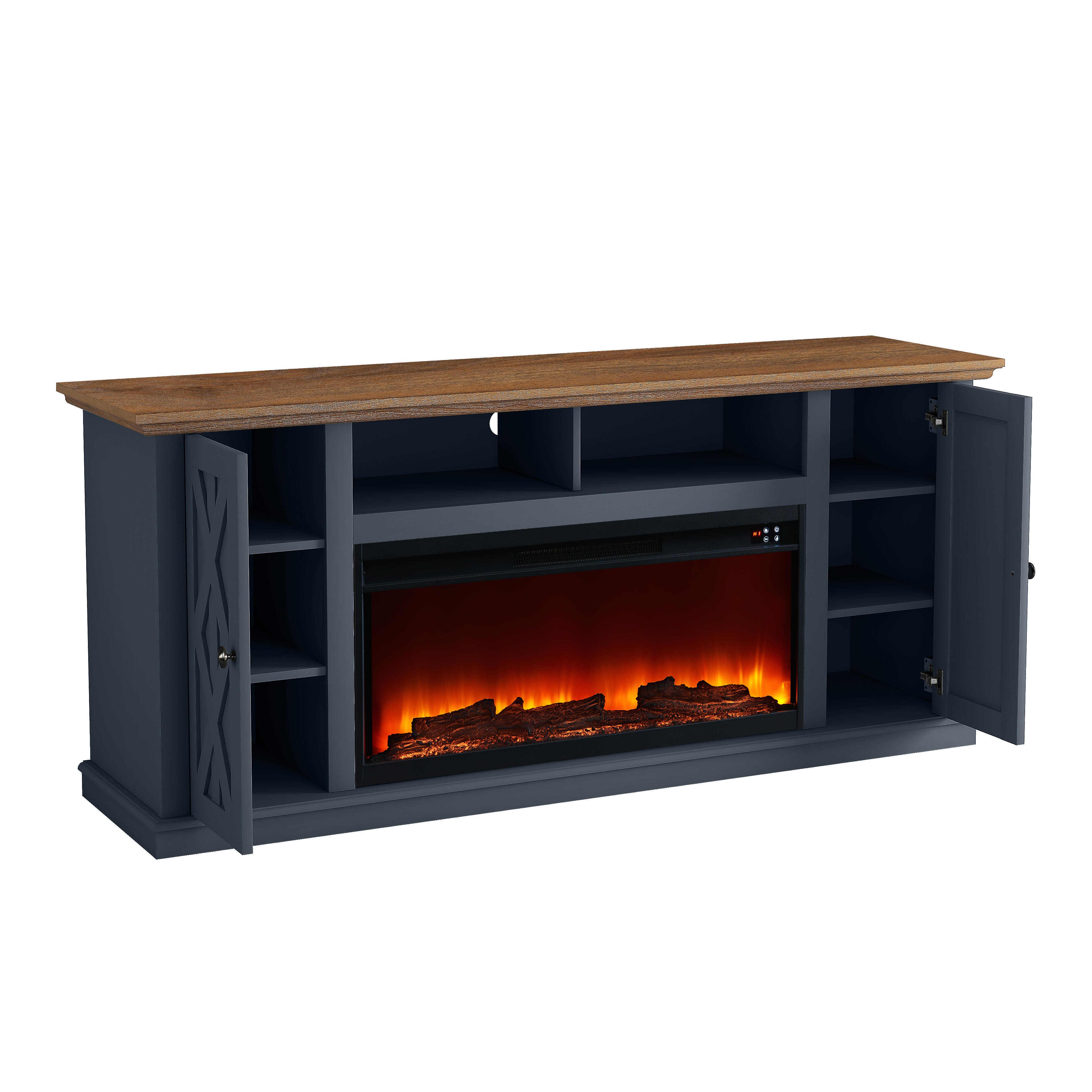 Joy River 68" TV Stand with Electric Fireplace, Navy/Tan, large