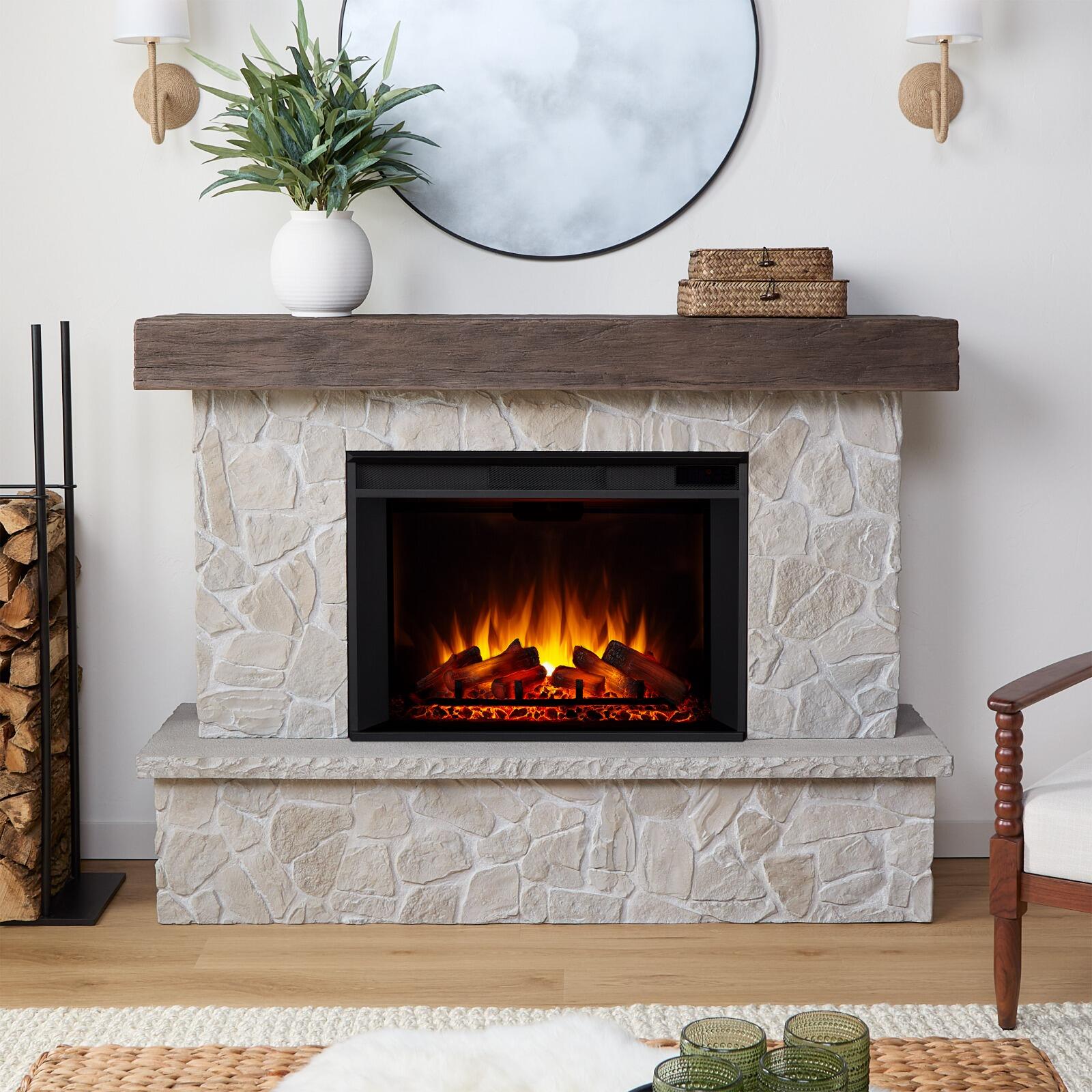 Real Frame Odette 17" Mantel with Electric Fireplace, Natural Stone, rollover