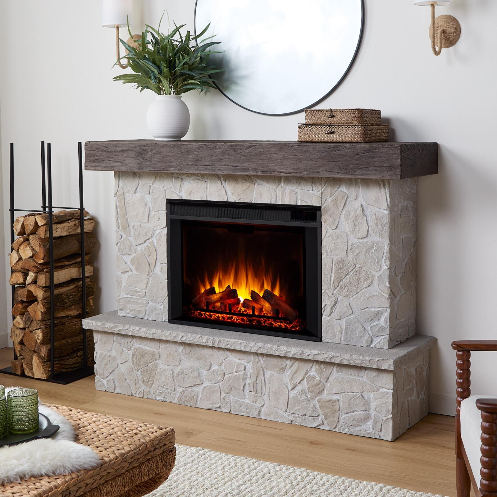 Real Frame Odette 17" Mantel with Electric Fireplace, Natural Stone, large