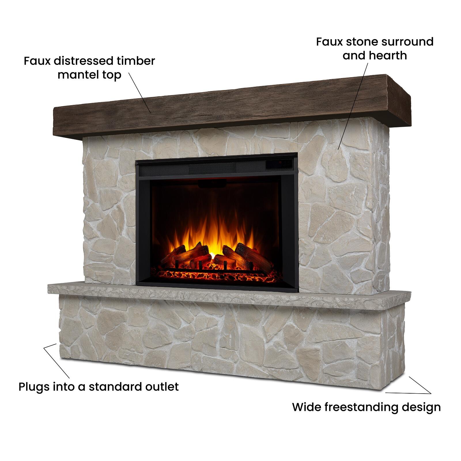 Real Frame Odette 17" Mantel with Electric Fireplace, Natural Stone, large