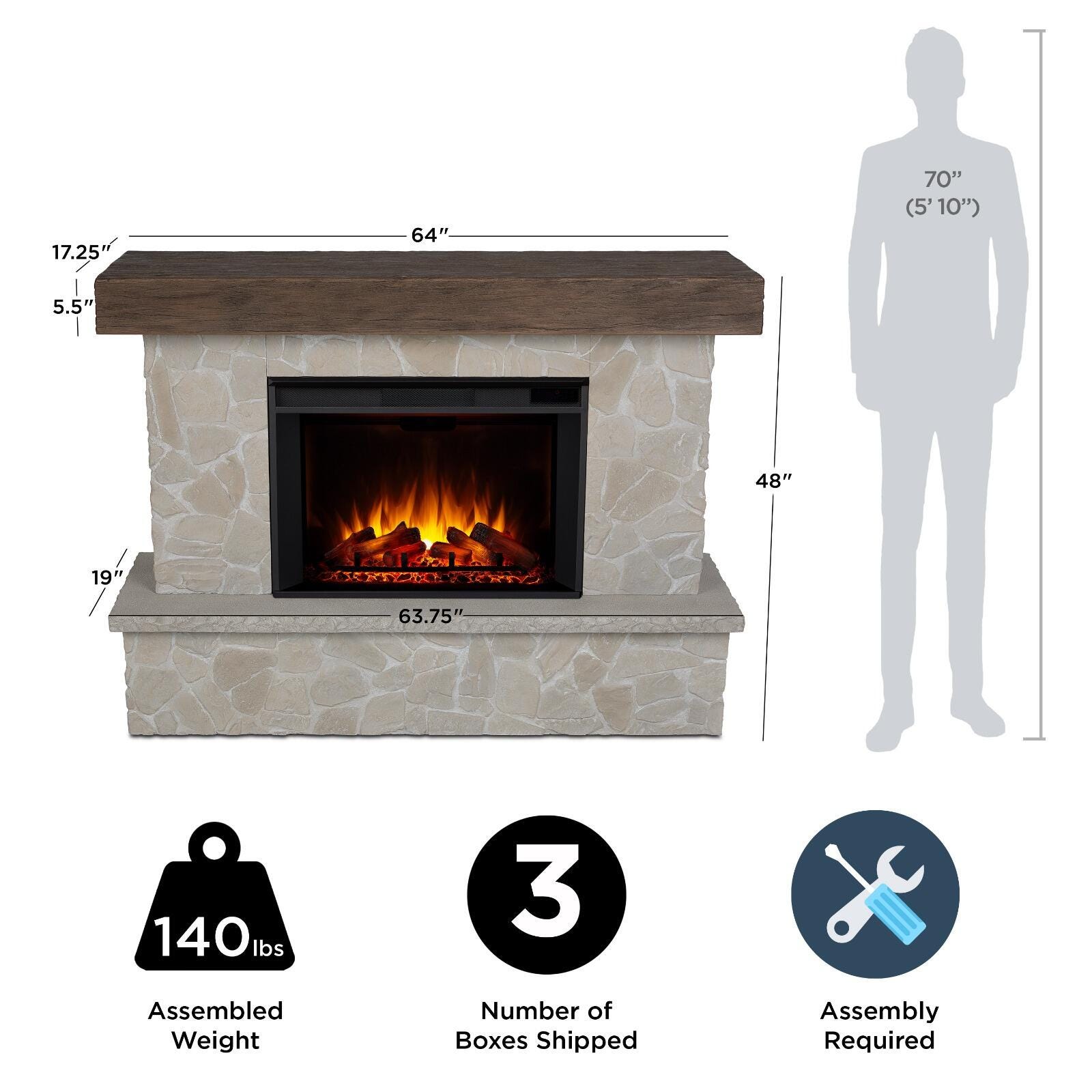 Real Frame Odette 17" Mantel with Electric Fireplace, Natural Stone, large