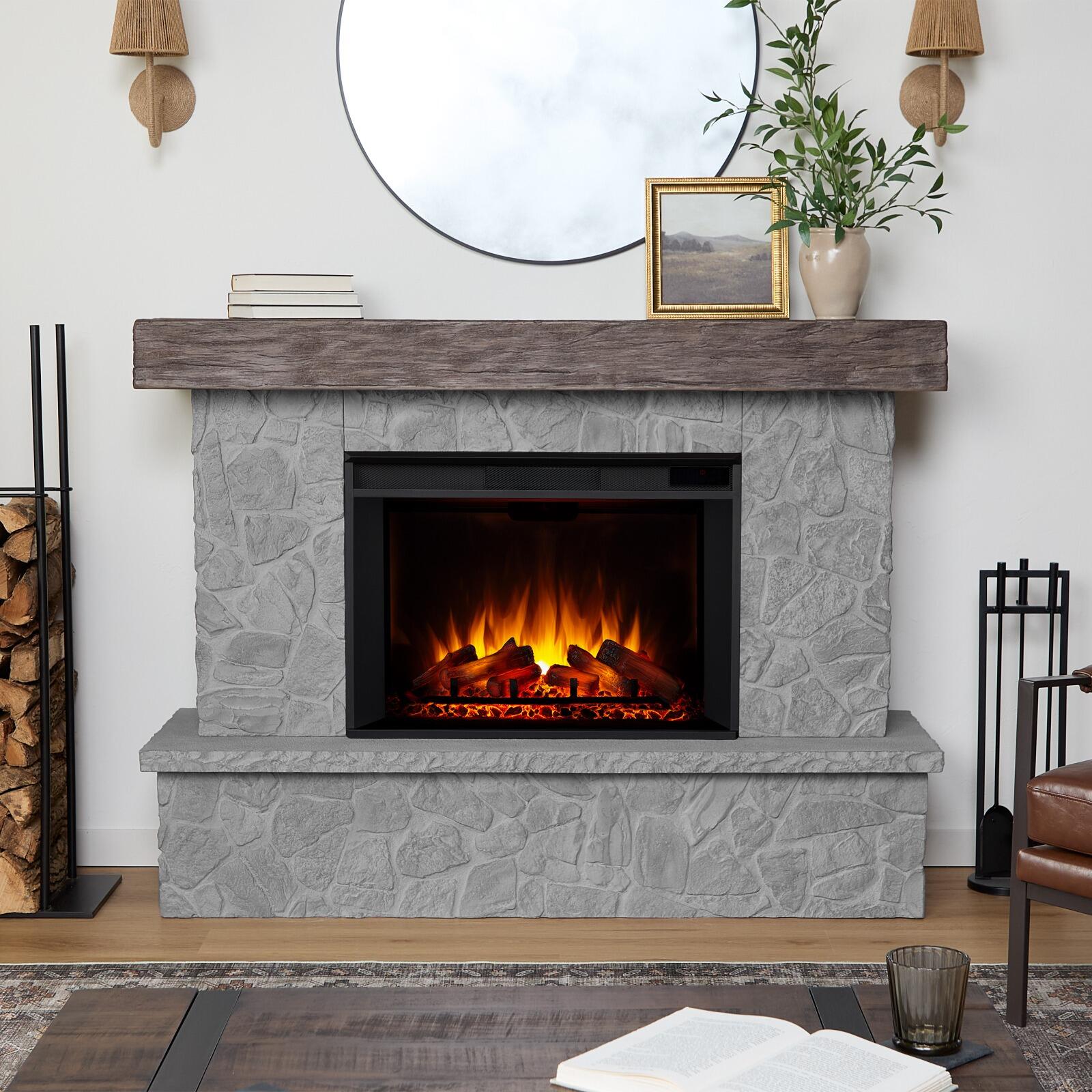 Real Frame Odette 17" Mantel with Electric Fireplace, Glacier Stone, large