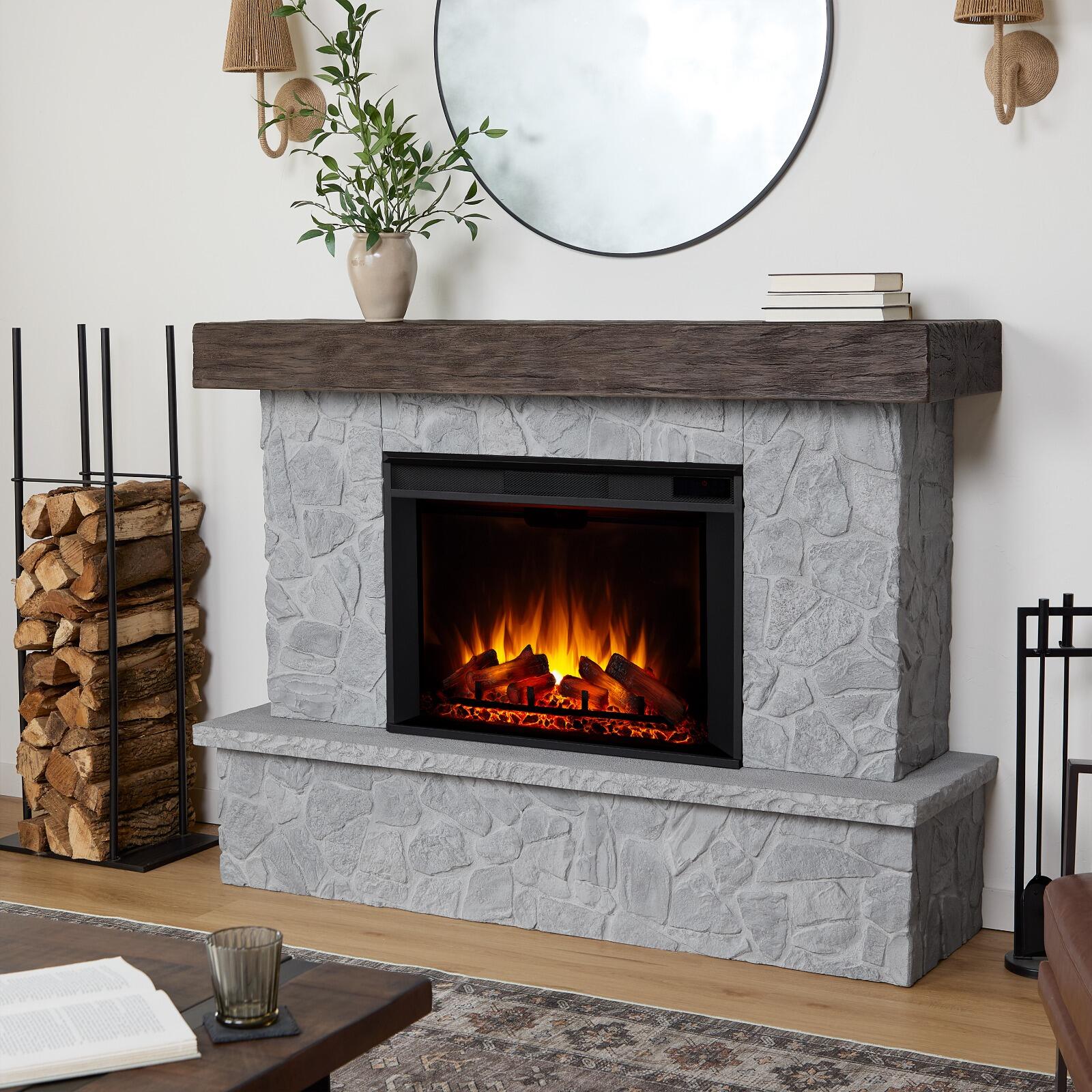 Real Frame Odette 17" Mantel with Electric Fireplace, Glacier Stone, large