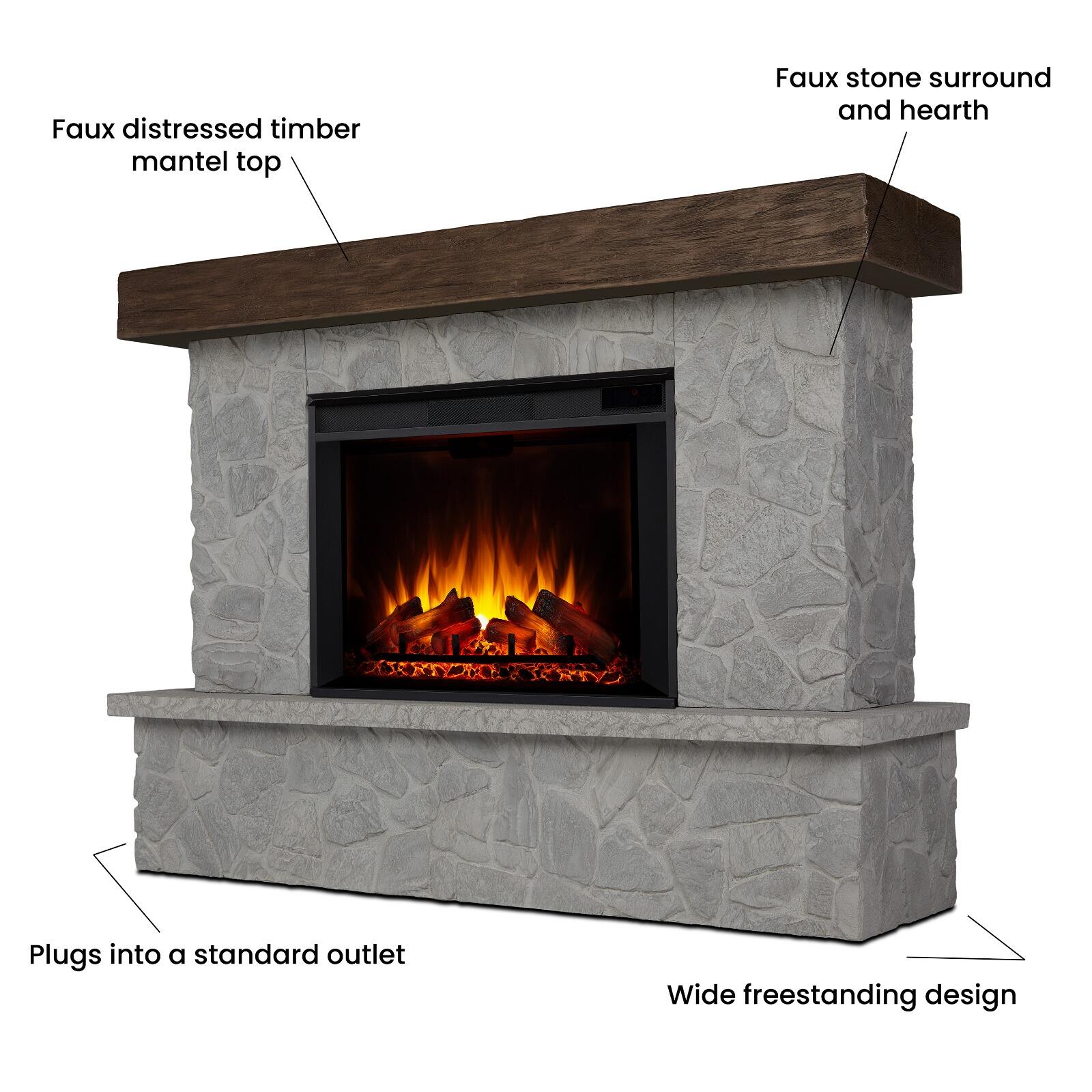 Real Frame Odette 17" Mantel with Electric Fireplace, Glacier Stone, large
