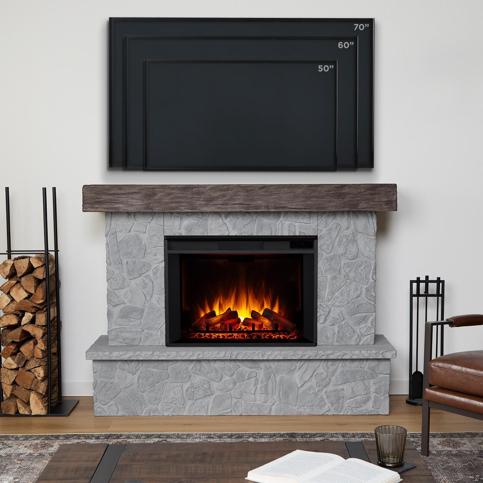 Real Frame Odette 17" Mantel with Electric Fireplace, Glacier Stone, large