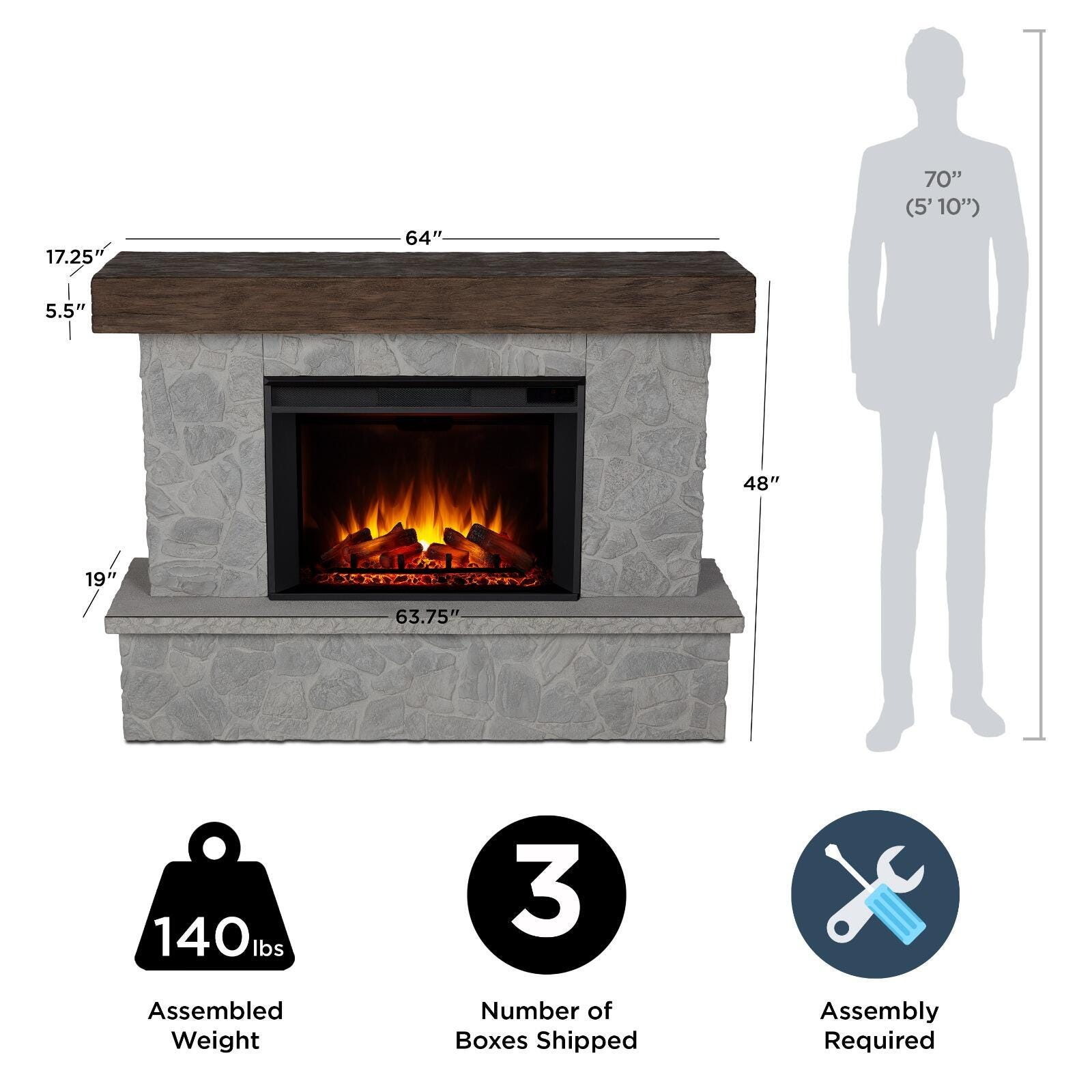 Real Frame Odette 17" Mantel with Electric Fireplace, Glacier Stone, large