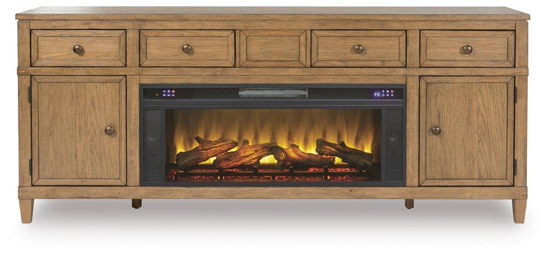 Sharlance 81" TV Stand with Electric Fireplace, Light Brown